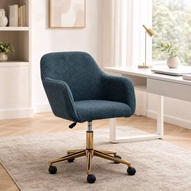 STILVORA Modern Petrol Green Bouclé Swivel Task Chair with Gold Metal Base and Armrests