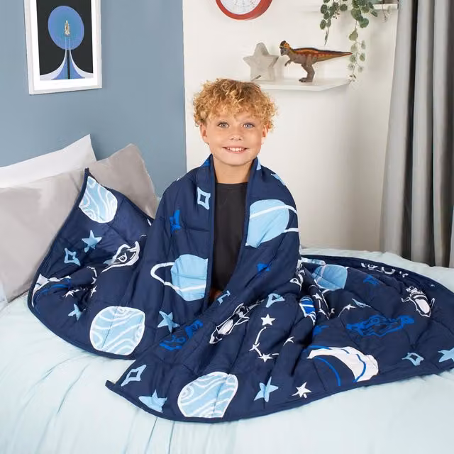 OHS Space Printed Teddy Weighted Blanket in Navy Blue with Micro Glass Beads
