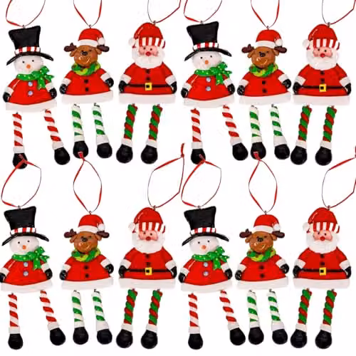 Shatchi 12-Piece Multicolour Ceramic Christmas Tree Hanging Decorations Set Featuring Santa, Snowman and Reindeer Figures