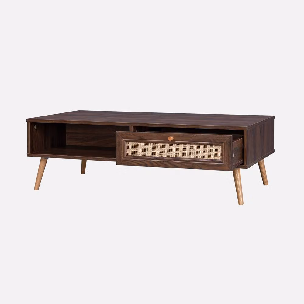 sweeek Rectangular Coffee Table with Wood and Cane Effect in Dark Brown – 3