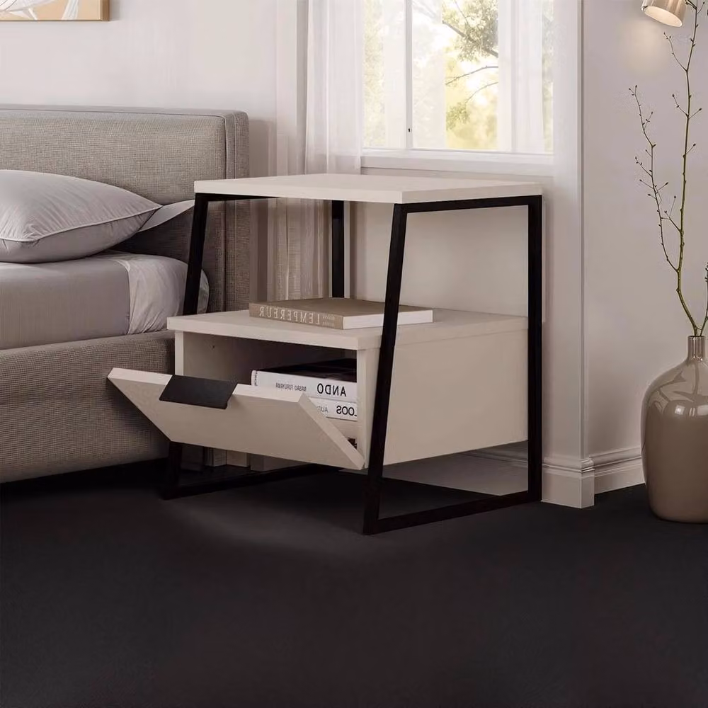 Havendro Sandstone 1 Door Bedside Table with Black Metal Frame in Beige – 3