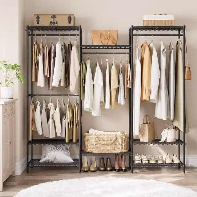 SONGMICS Industrial Open Wardrobe with Metal Clothes Rails and Adjustable Shelves, Matt Black – 1