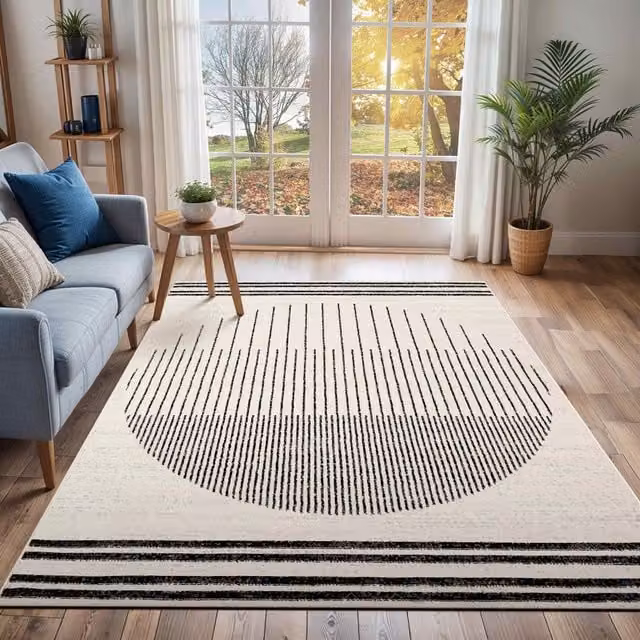 Livabliss Pisa Geometric Round Rug in Black, Grey and White, Diameter: 160 cm