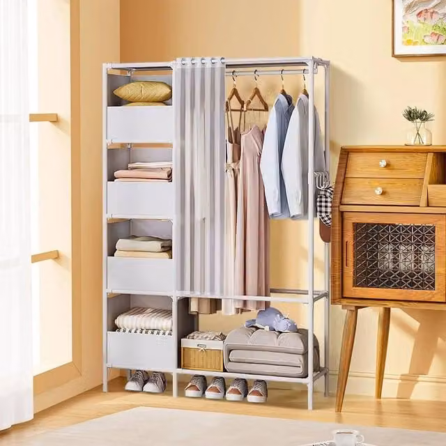 KORVIXA White Freestanding Wardrobe with Hinged Doors and Hanging Rod, Width: 100 cm