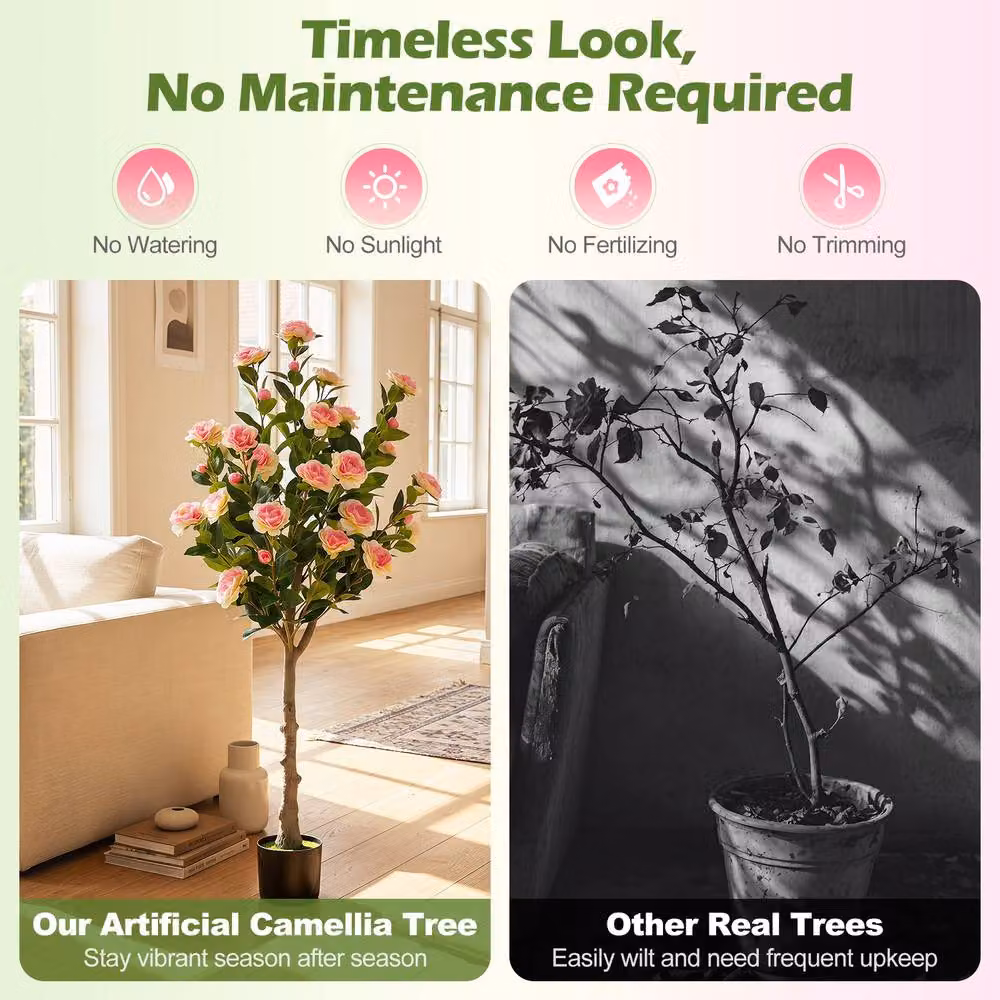 Costway Set of 2 Artificial Camellia Tabletop Floral Trees in Green and Pink – 4