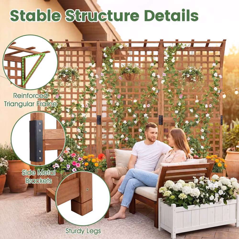 Costway Brown Wooden Raised Garden Bed with Hanging Roof and Trellis Fir Wood Planter Box – 9