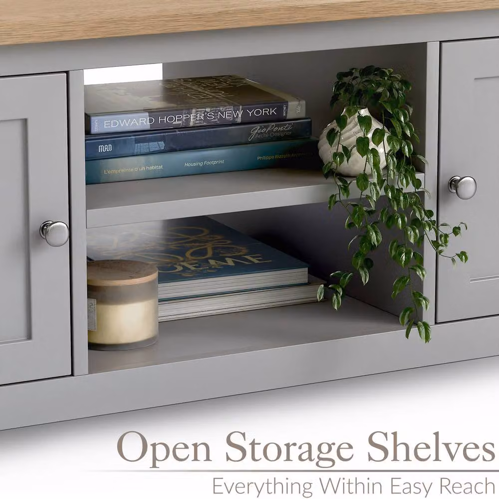 Christow Coffee Table with Oak Effect Top, Cupboards and Shelves in Grey, W/D/H: 115 x 40 x 60 cm – 3