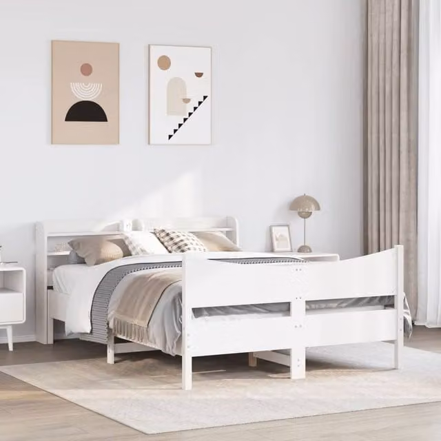 Berkfield Home Sleek Solid Wood Bed Frame with Headboard and Side Compartments, White, W/D/H: 150 x 200 cm – 1