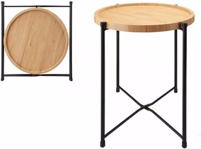 MantraRaj Small Round Bamboo Side Table and Tray with Folding Top in Black and Brown
