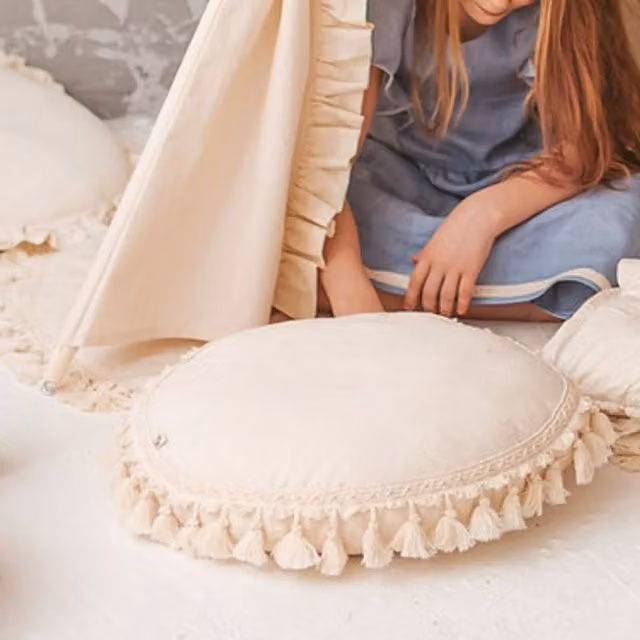 MiniCamp Round Tassel Throw Cushion in Ecru/Beige/White, Diameter: 45 cm