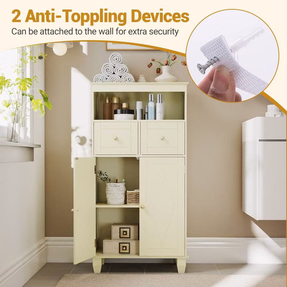 Costway Modern Bathroom Floor Storage Cabinet in Beige with Drawers and Shelves – 2