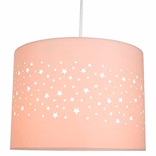 Happy Homewares Pink Star Decorated Cotton Childrens Bedroom Pendant Lamp Shade, Diameter: 25 cm