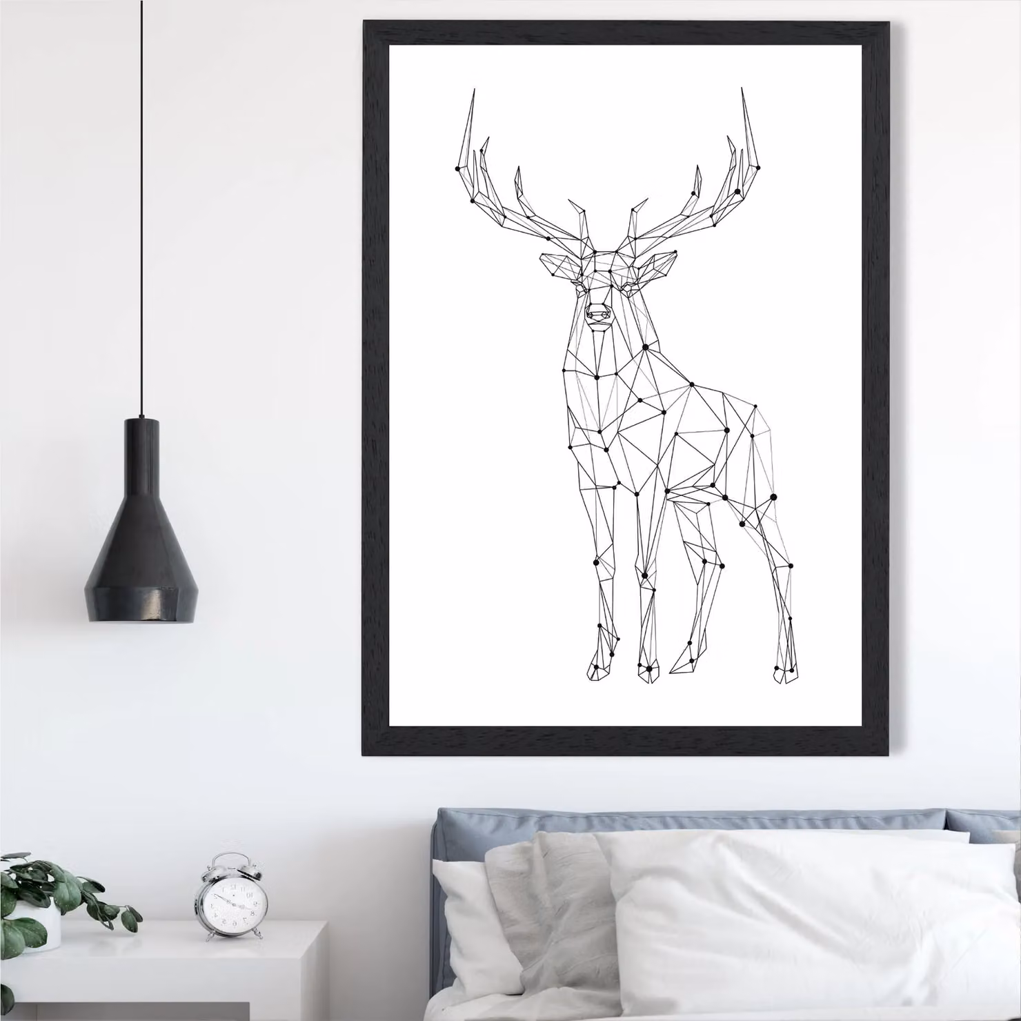 ARTZE Line Art Stag Geometric Animal Framed Print in Black and White – 2