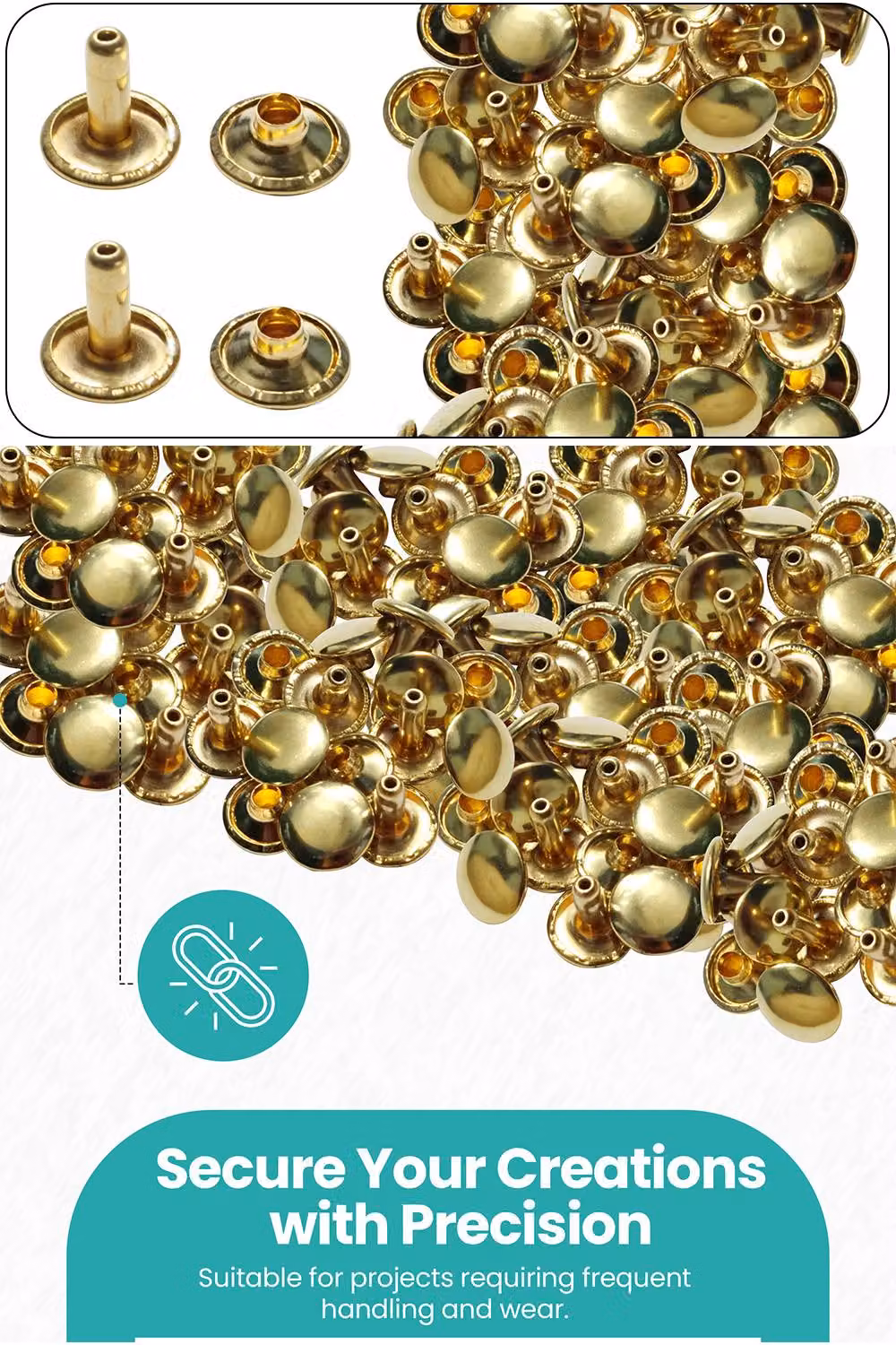 Neel Blue 10mm Double Cap Rivet Tubular Metal Studs and Gold Leather Rivets, 100pcs – 3