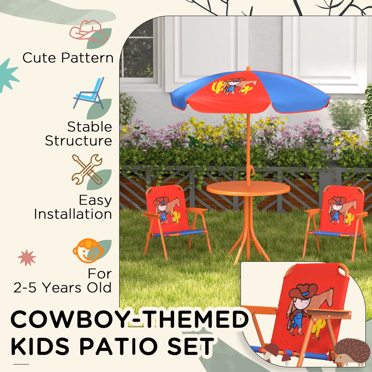 Outsunny Cowboy Campout Childrens Picnic Set with Foldable Seats and Adjustable Parasol in Multicolour – 5