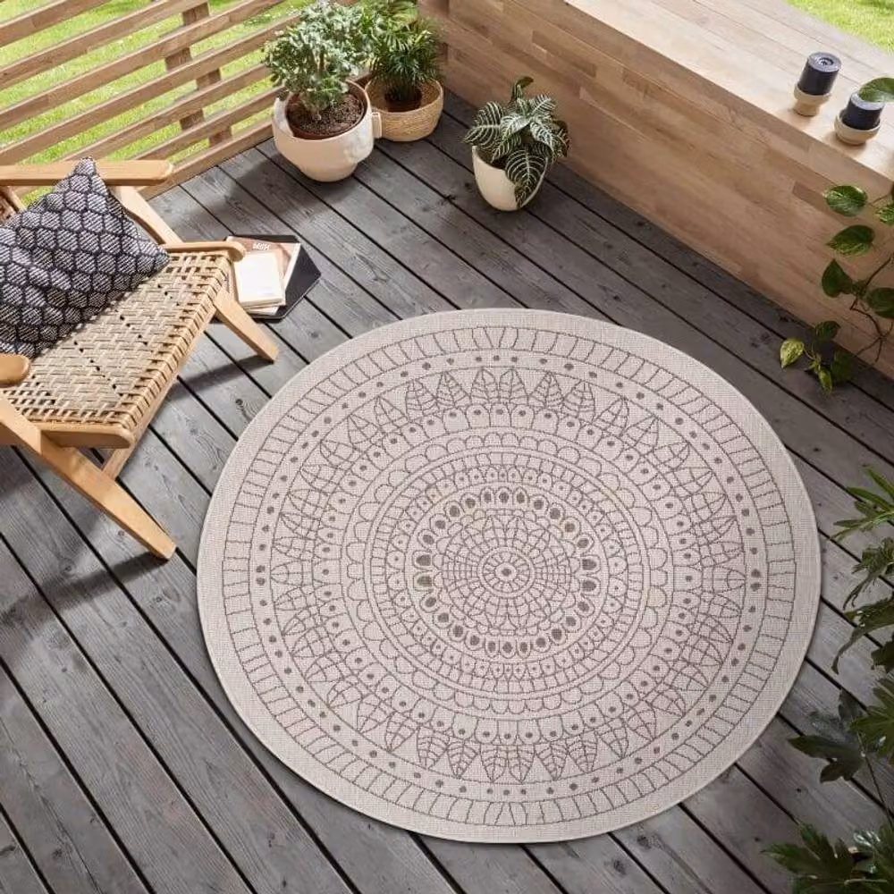 THE RUGS Porto Reversible Indoor Outdoor Round Flatweave Polypropylene Rug in Beige, Diameter: 100 cm – 2