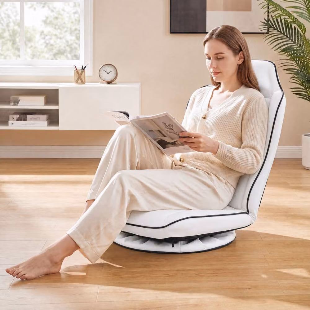 Gymax Swivel Floor Gaming Chair with Adjustable Backrest and Foldable Recliner in White – 2