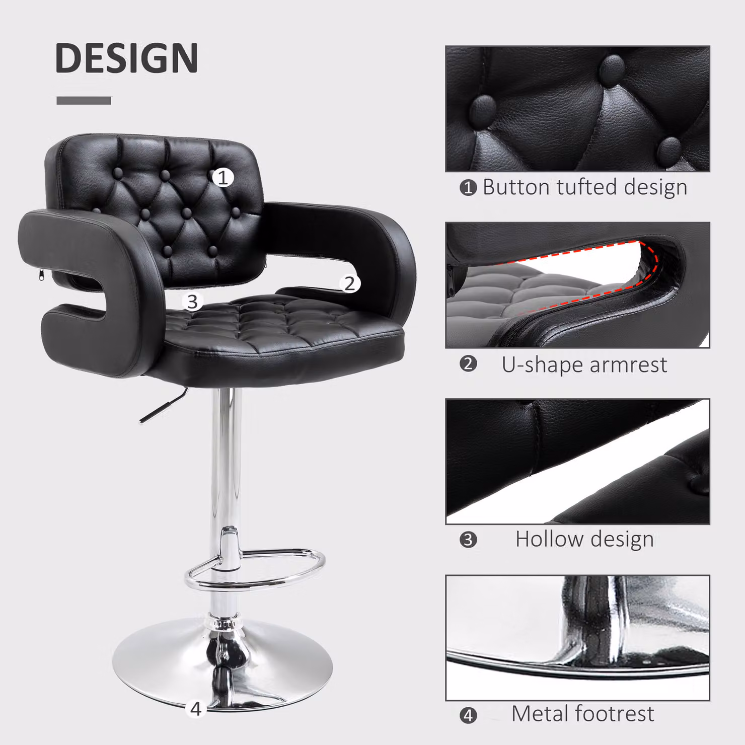 HOMCOM Set of 2 Black PU Leather Upholstered Swivel Bar Stools with Armrests and Footrests – 6