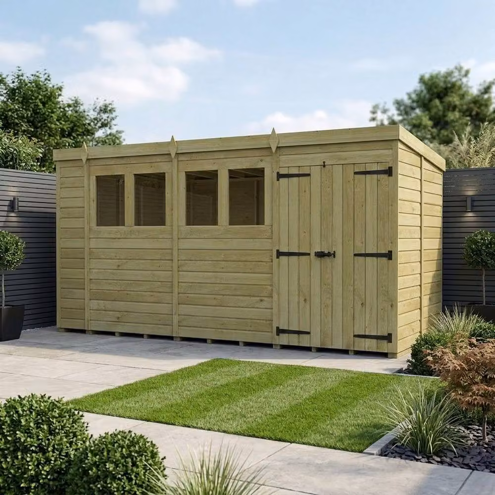 Buttercup Farm Brown Timber Pent Garden Shed with Double Doors and Windows, W/D/H: 457.2 x 274.3 x 210 cm – 2