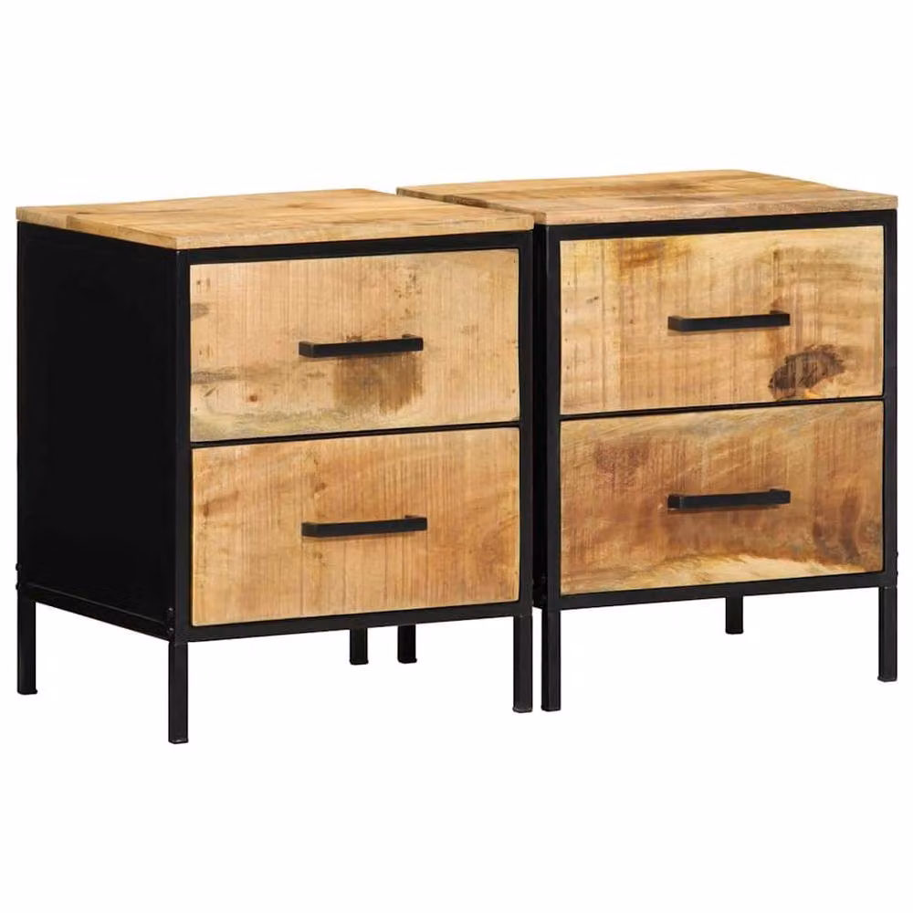 Berkfield Home Modern Bedside Cabinets, Set of 2, Solid Rough Mango Wood in Black, W: 40 cm, D: 35 cm, H: 50 cm – 2