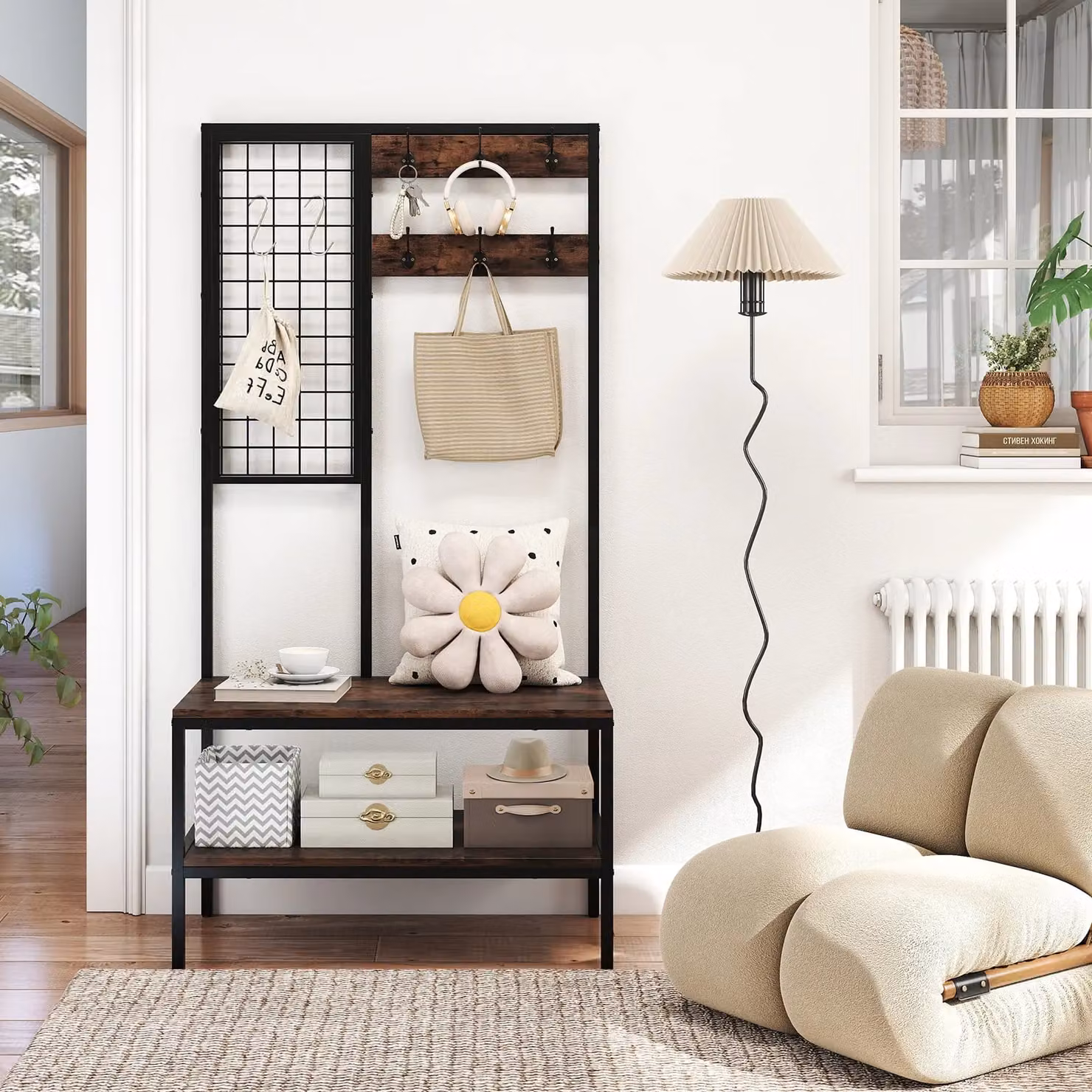 Gymax Industrial Hall Tree with Shoe Bench and Wall Grid Panel in Brown – 3