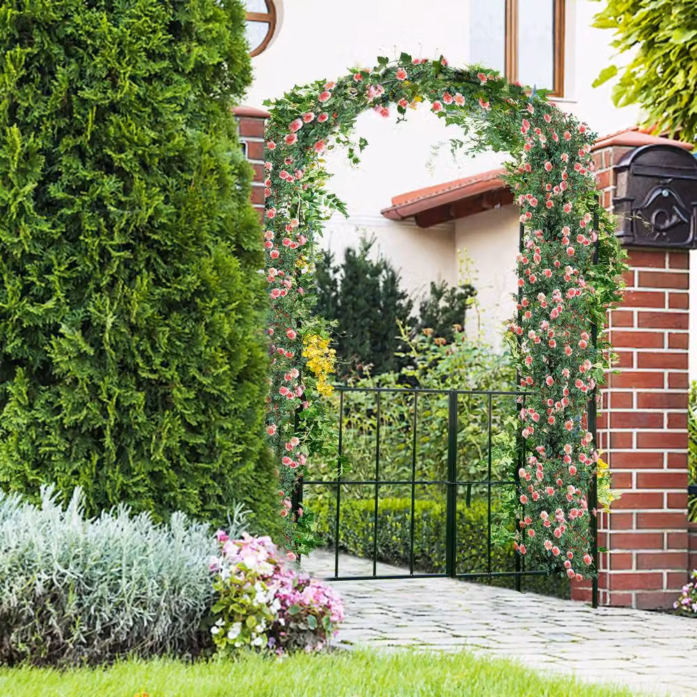 Gymax Black Metal Tall Arbour Archway Garden Trellis with Gate and Plant Stand, Height: 230 cm – 2