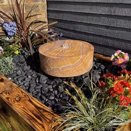 Tranquility Sandstone Millstone Natural Stone Water Feature in Sand, Diameter: 38 cm, Mains Powered with Cover – 1