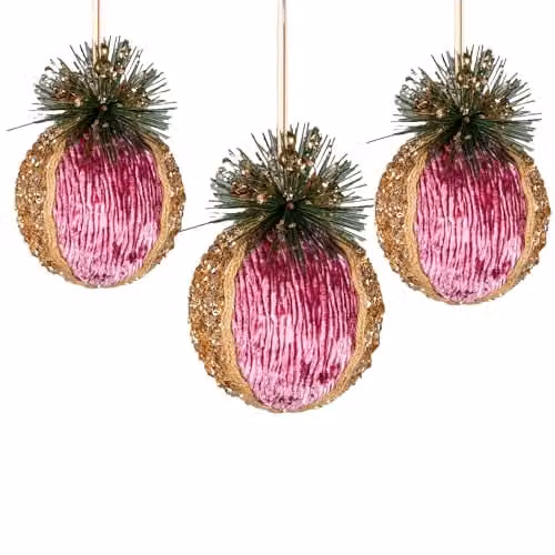 Shatchi 3-Piece Pink and Gold Glitter Christmas Bauble Hanging Decorations, 11.5 cm – 1