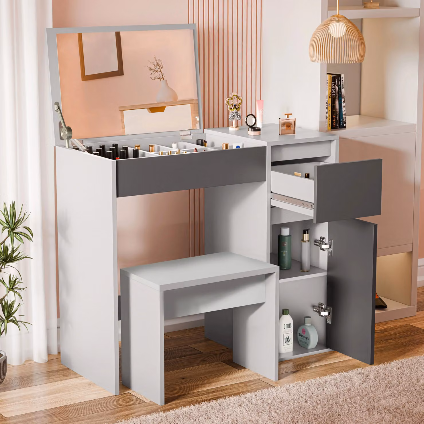 DHS Grey Flip-Up Mirror Dressing Table with Storage and Stool, W/D/H: 109 x 40 x 40 cm