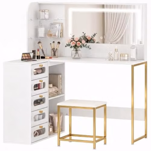HOMCOM Modern White and Gold Dressing Table with Adjustable LED Mirror and Stool, W/D/H: 120 x 80 x 135 cm