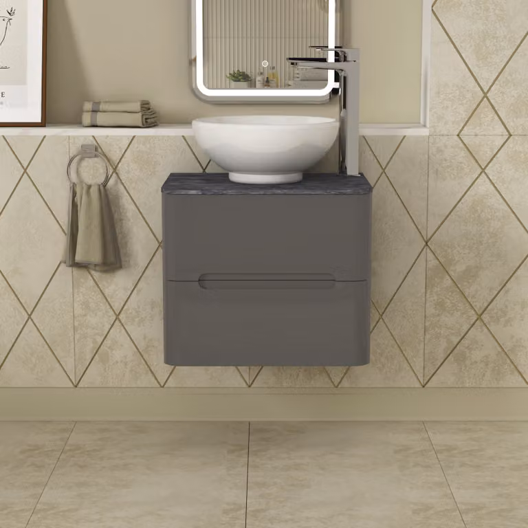 Royal Bathrooms Infinity 600mm Wall Hung Gloss Anthracite Vanity Unit with Black Star Countertop Basin and 2 Drawers