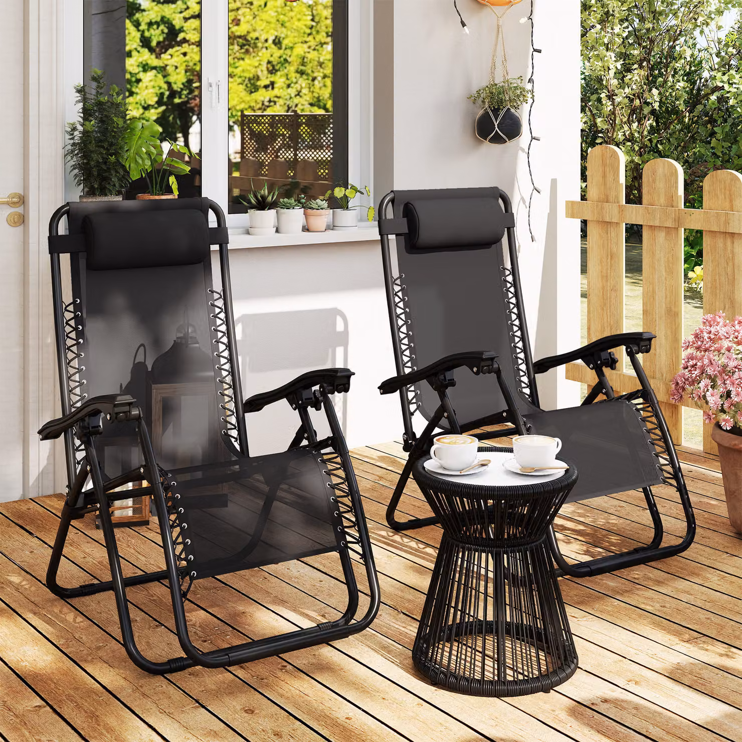 Outsunny Set of 2 Black Zero Gravity Reclining Sun Loungers with Metal Frame and Adjustable Headrest – 8