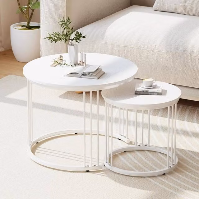 Huhote Round Nesting Coffee and Side Table Set of 2 with Metal Frame in White