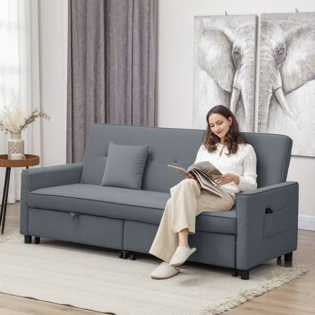 HOMCOM L-Shaped 3 Seater Sectional Sofa Bed with Reversible Sleeper Function in Grey Velvet Fabric