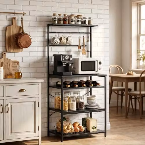 HOMCOM Freestanding Kitchen Baker's Rack with Wine Rack and Integrated Lighting, Black, W/D/H: 59 x 40 x 143.5 cm – 7