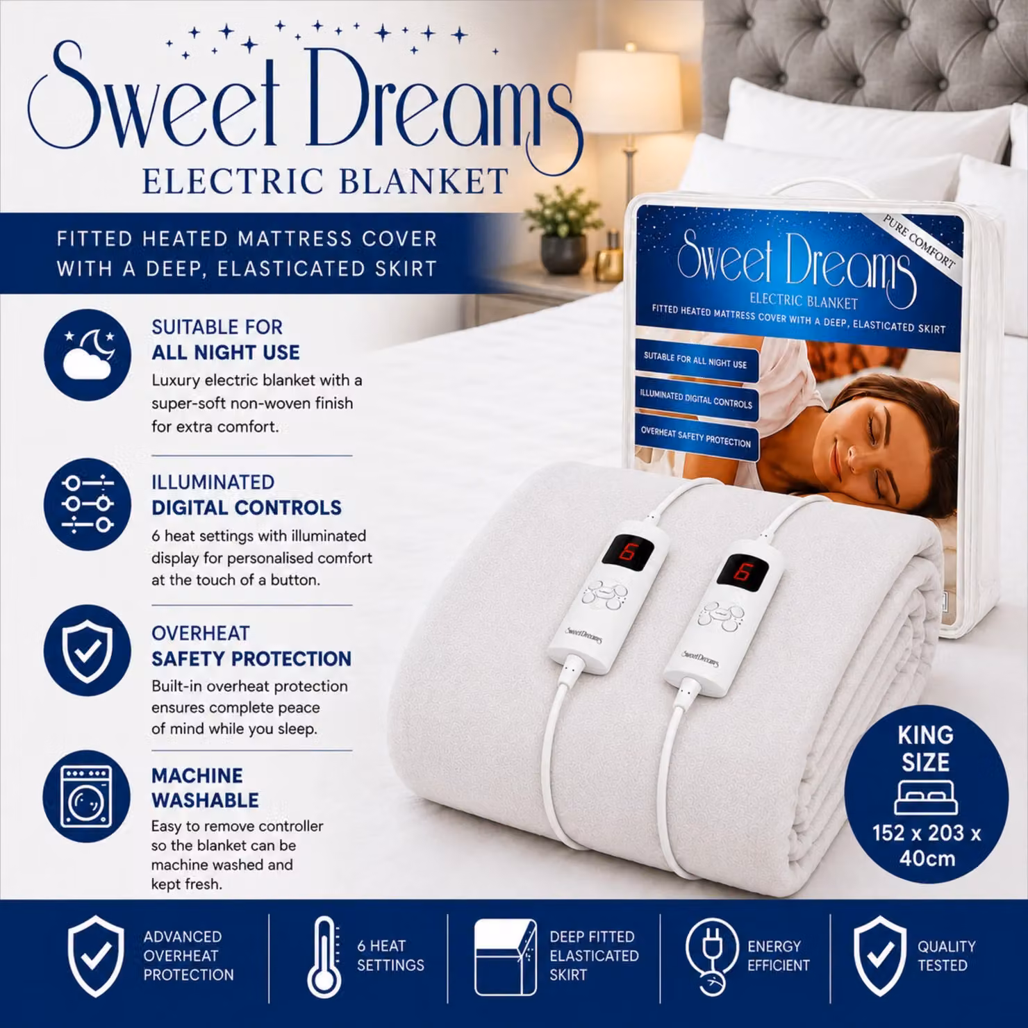 Sweet Dreams Electric Heated Fitted Mattress Cover, King Size, White, W/D/H: 180 x 200 cm – 5