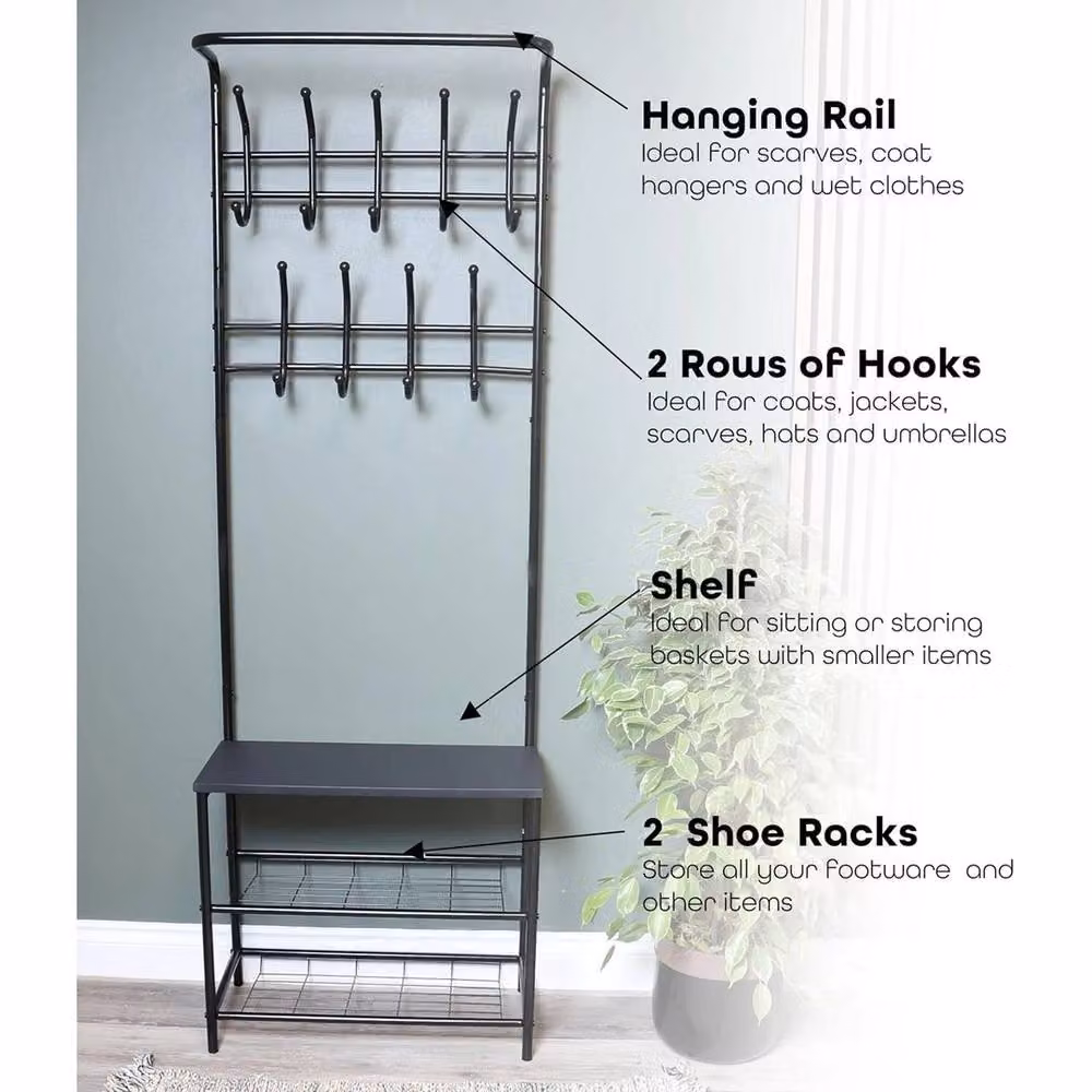 Kelvenix Matt Black Metal Hall Tree with Bench and Dual Hook and Rail Matrix – 5
