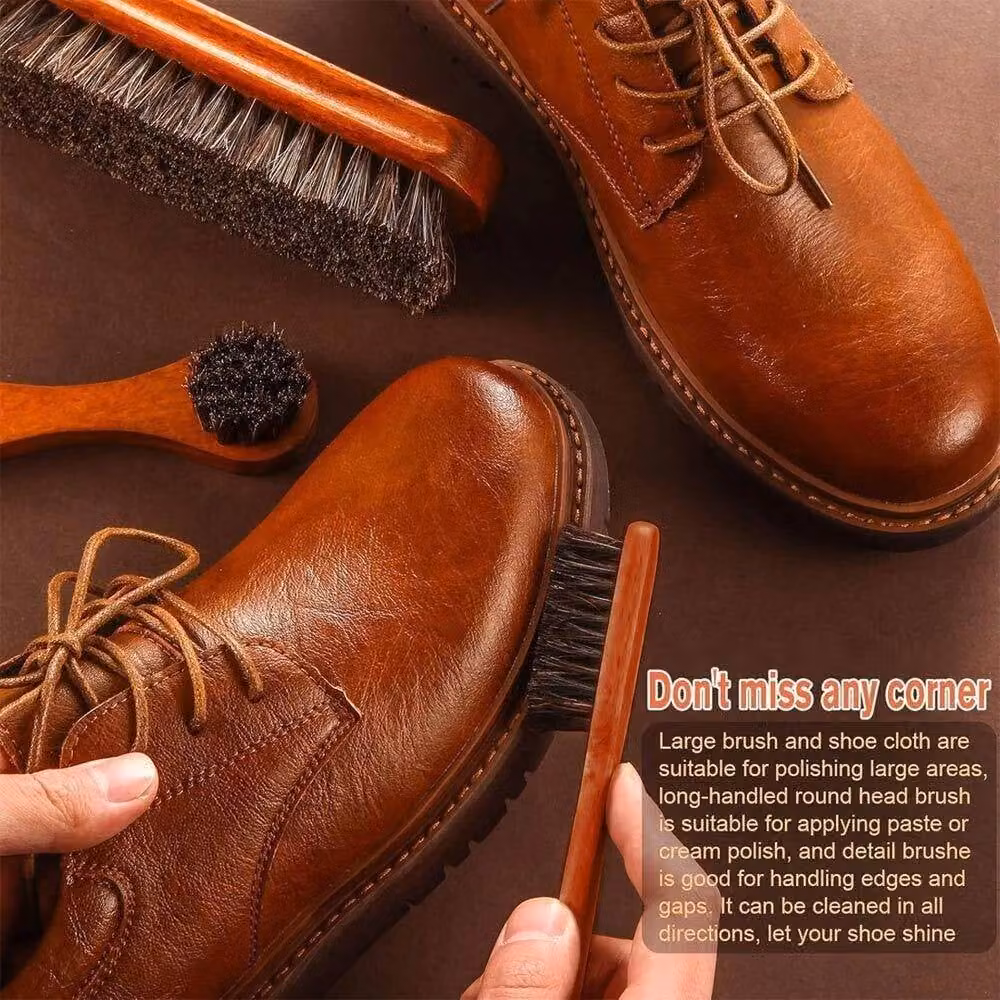 NESTLUNE 4-Piece Horsehair Shoe Shine Brush Set with Microfibre in Brown – 3