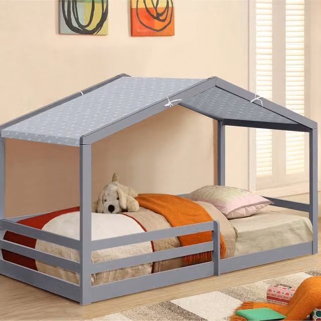 Comfy Living Single Wooden House Style Bed with Grey Fabric Tent Option, W/D/H: 90 x 190 cm