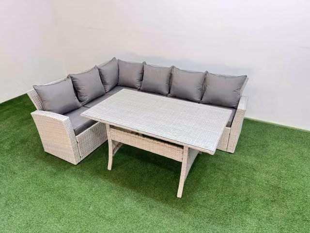 Fimous 6 Seater Rattan Garden Furniture Set with Rectangular Glass Dining Table in Light Grey