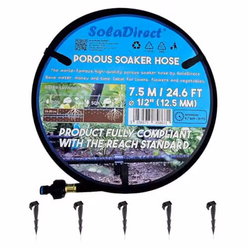 SolaDirect Soaker Hose Porous Pipe with Connectors and 5 Pegs, Black, 7.5 m – 2