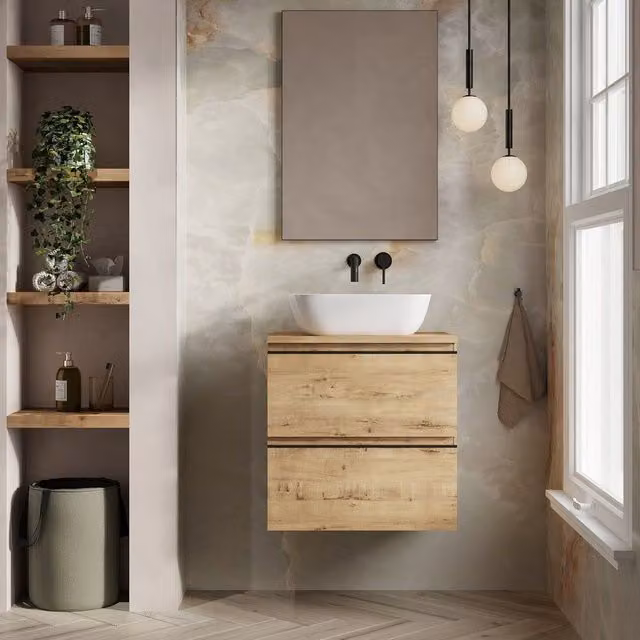 Banyetti Vatilla 600mm Wall Hung Vanity Unit with Matching Worktop in Ostippo Light Oak