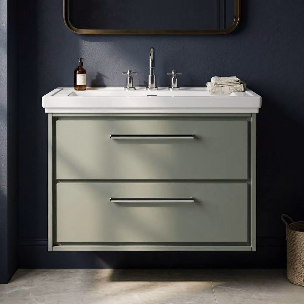 Balterley Modern Wall Hung 2-Drawer Bathroom Vanity Unit with Fireclay Basin, Green, W: 80 cm, D: 60.9 cm, H: 80 cm – 3