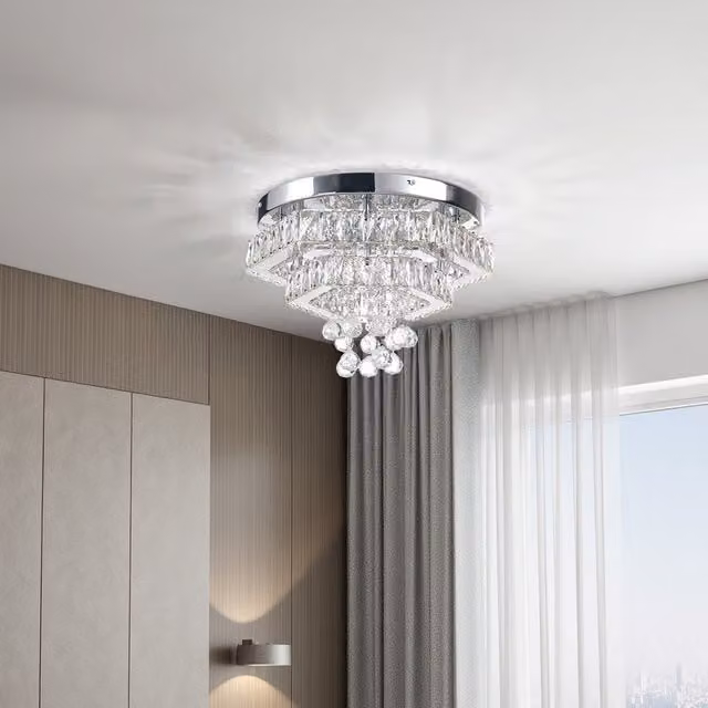 Livingandhome Modern Round Hexagon Double-layer Crystal and Stainless Steel LED Ceiling Light in Chrome Silver