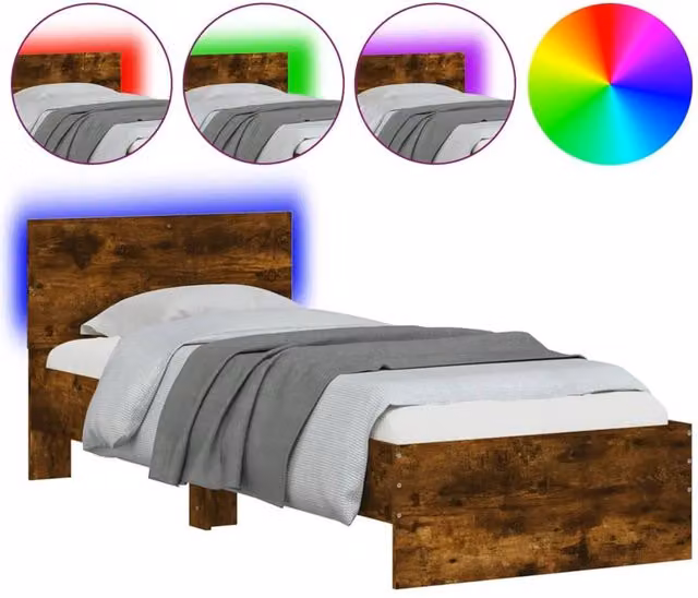 Berkfield Home Small Single Bed Frame in Smoked Oak Brown with LED Under-Bed Lighting and USB Charging Port, W: 75 cm, L: 190 cm