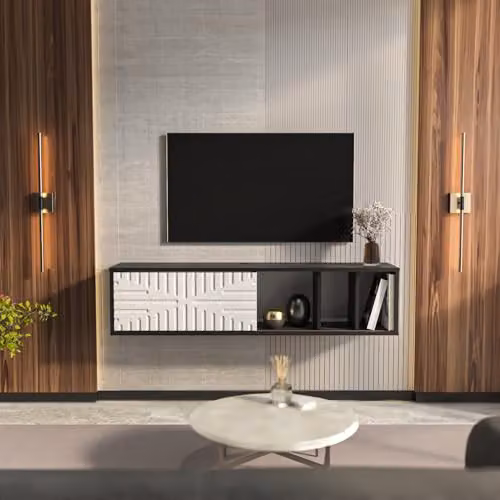 DECOROTIKA Teo Floating TV Stand with Sliding Doors and Open Shelves, Black Marble Effect and White, W: 140 cm, D: 29.5 cm, H: 29.5 cm