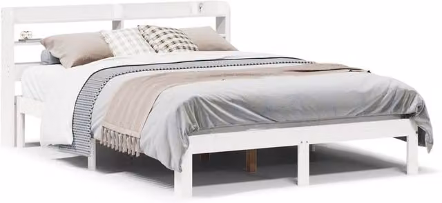 Berkfield Home White Solid Wood Double Bed Frame with Headboard and Bedside Shelf W: 135 cm, H: 82 cm, D: 190 cm