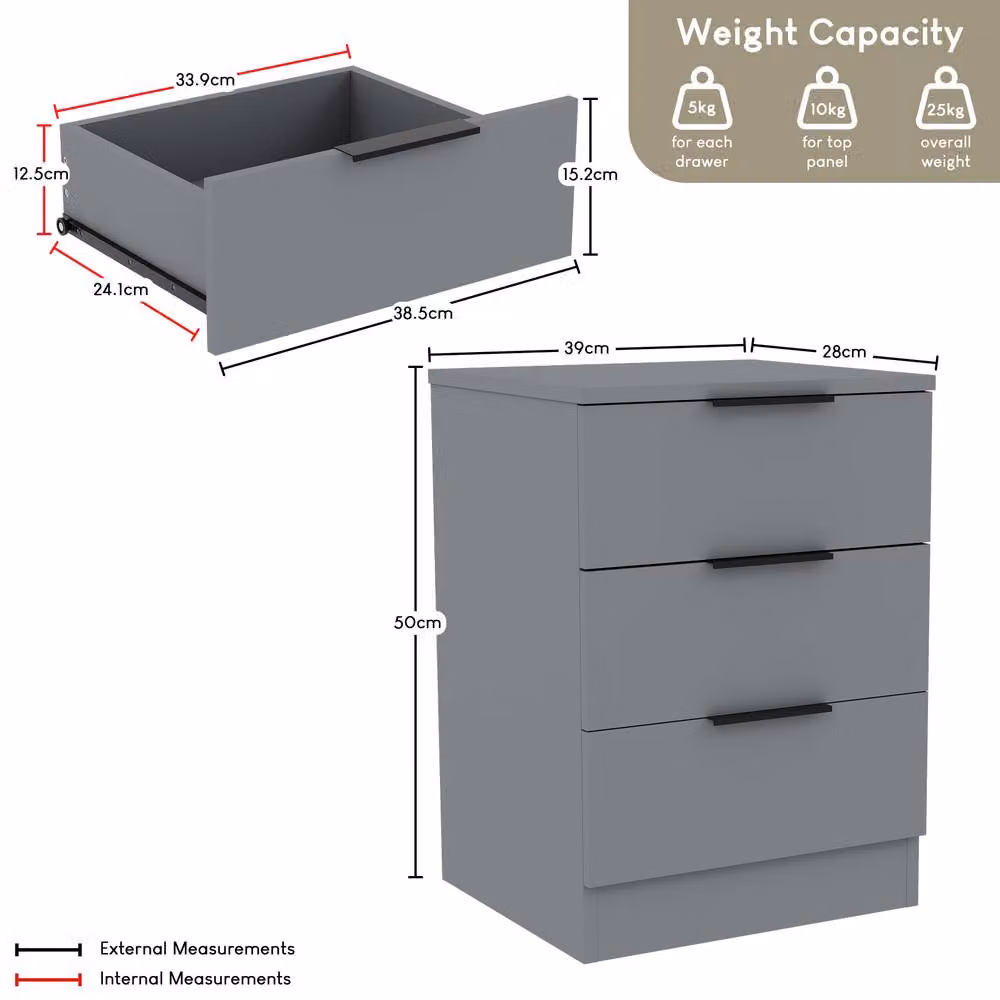 HD Designs Trega 3 Drawer Bedside Chest in Grey – 2