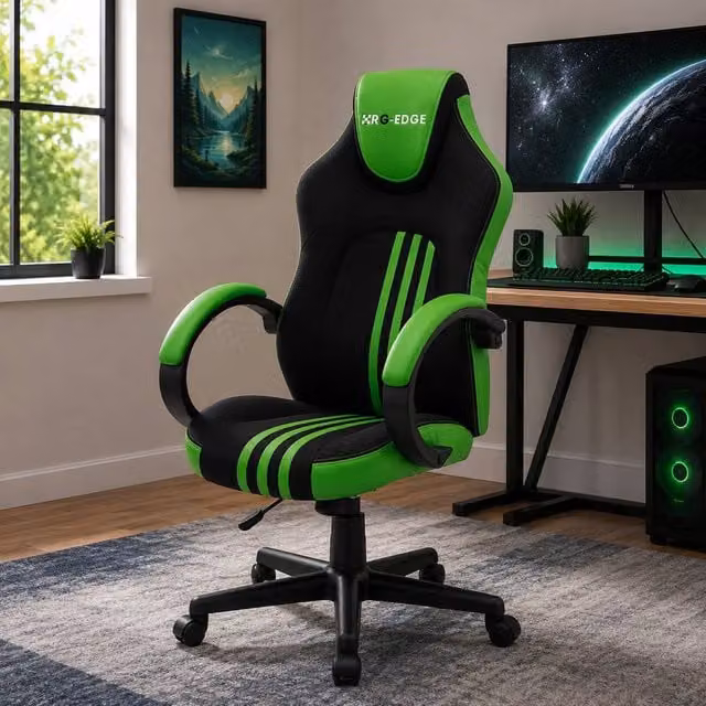 RayGar RG-EDGE Gaming Office Chair in Green and Black with High Back, Padded Armrests and 360 Degree Swivel, W/D/H: 61.0 x 61.0 x 112.5 cm