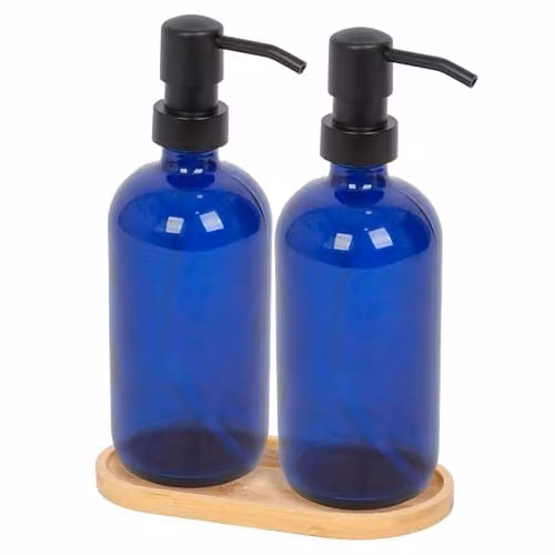Harbour Housewares 2 Piece Blue Glass Soap Dispenser Set with Bamboo Tray and Black Pumps, 500ml Refillable Bottles